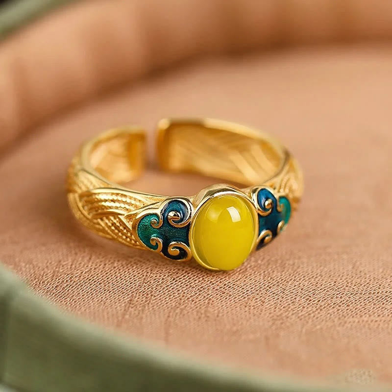 Fortune Jewel Amber Copper Auspicious Clouds Focus Adjustable Ring