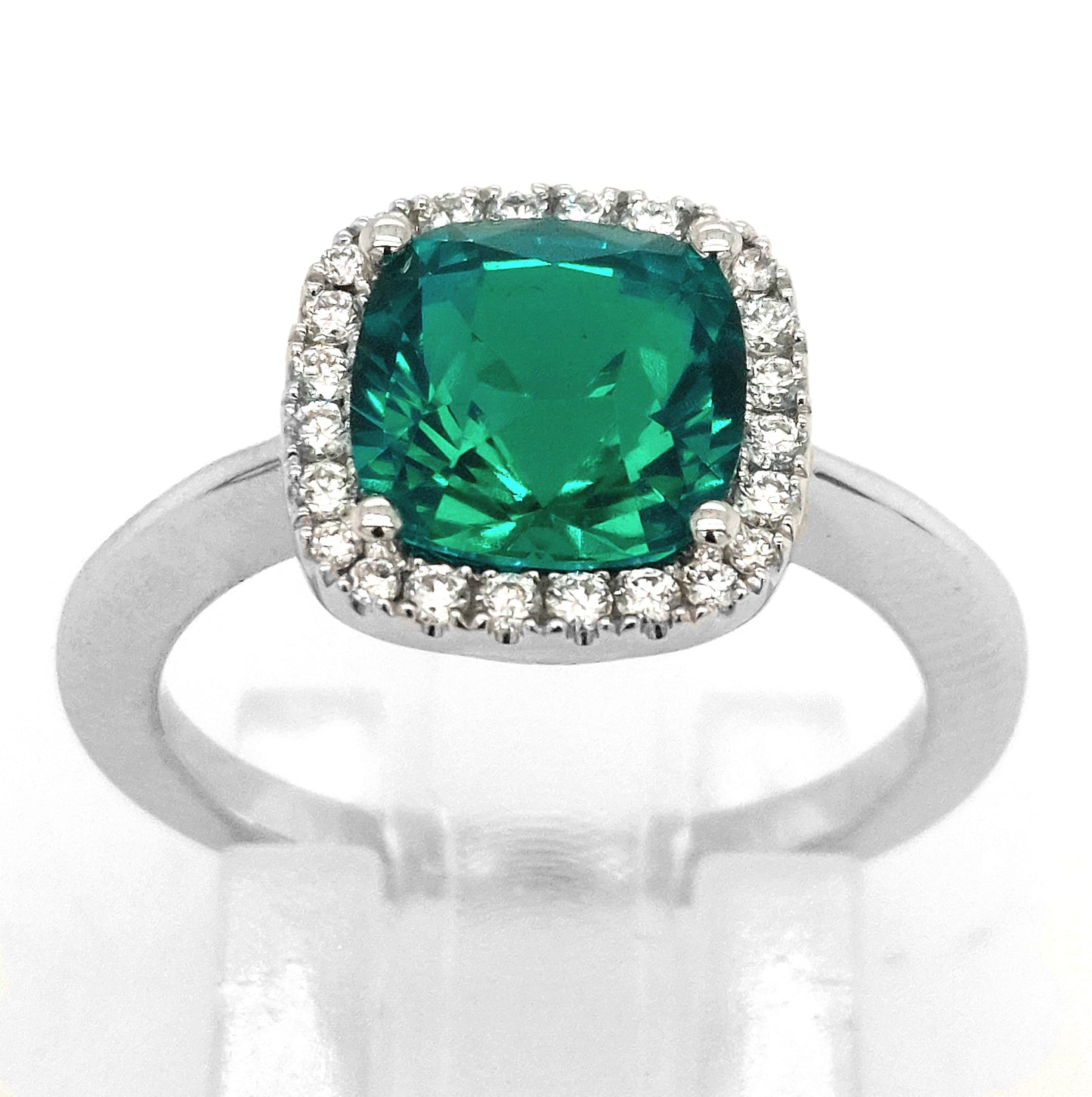 14KW Chatham Lab-Grown Emerald and Diamond Halo Ring (Size 6.5)