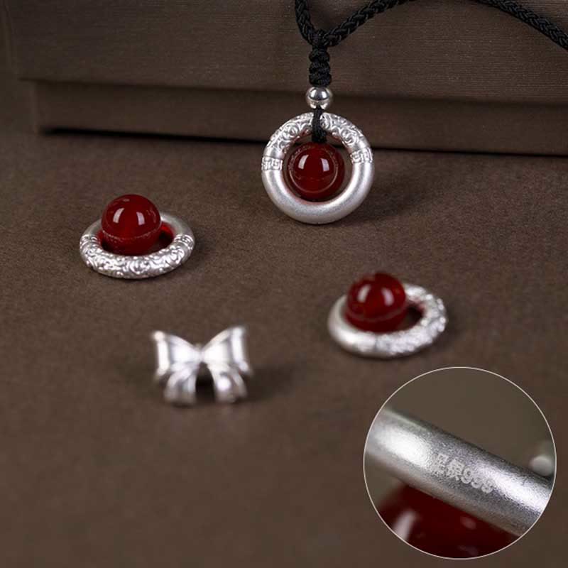 Fortune Jewel 999 Sterling Silver Red Agate Peace Buckle Blessing Necklace Pendant