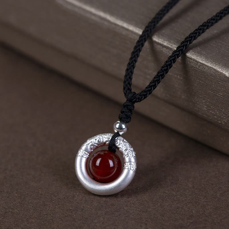 Fortune Jewel 999 Sterling Silver Red Agate Peace Buckle Blessing Necklace Pendant