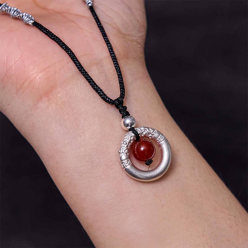 Fortune Jewel 999 Sterling Silver Red Agate Peace Buckle Blessing Necklace Pendant