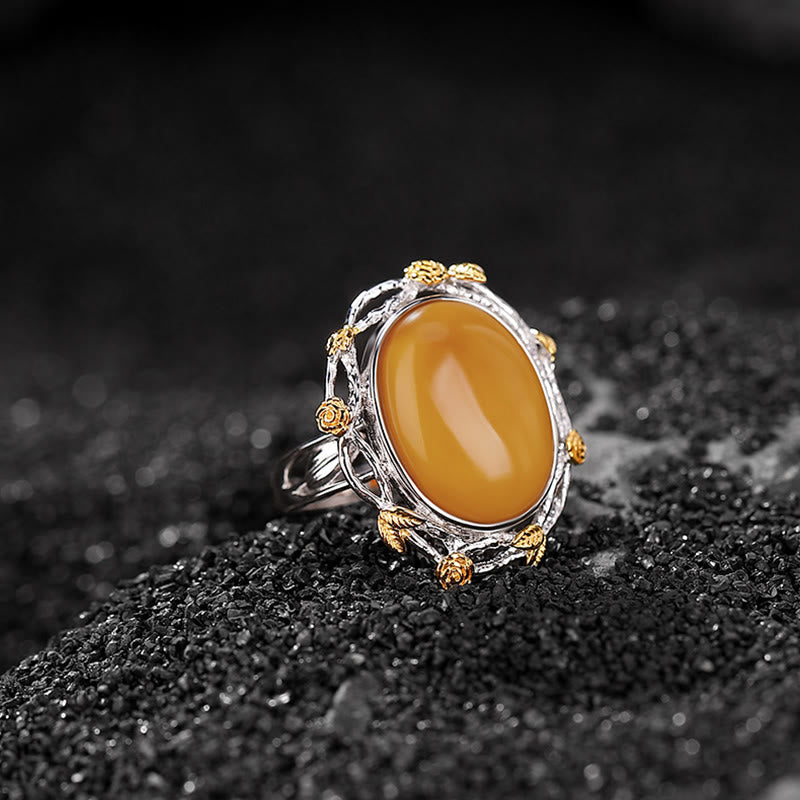 Fortune Jewel 990 Sterling Silver Plated Gold Amber Focus Adjustable Ring