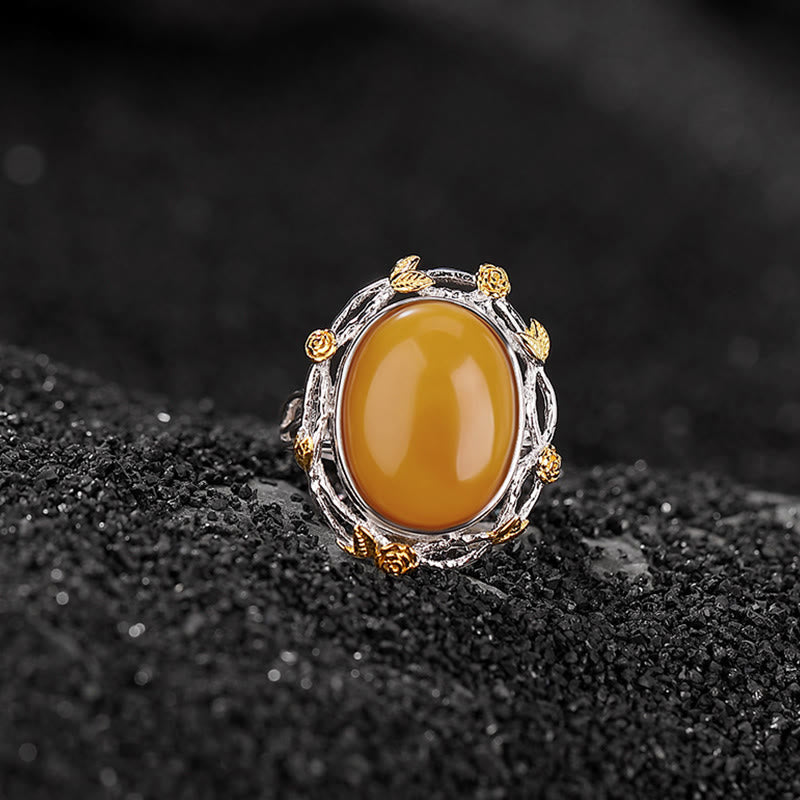 Fortune Jewel 990 Sterling Silver Plated Gold Amber Focus Adjustable Ring