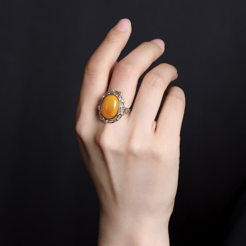 Fortune Jewel 990 Sterling Silver Plated Gold Amber Focus Adjustable Ring
