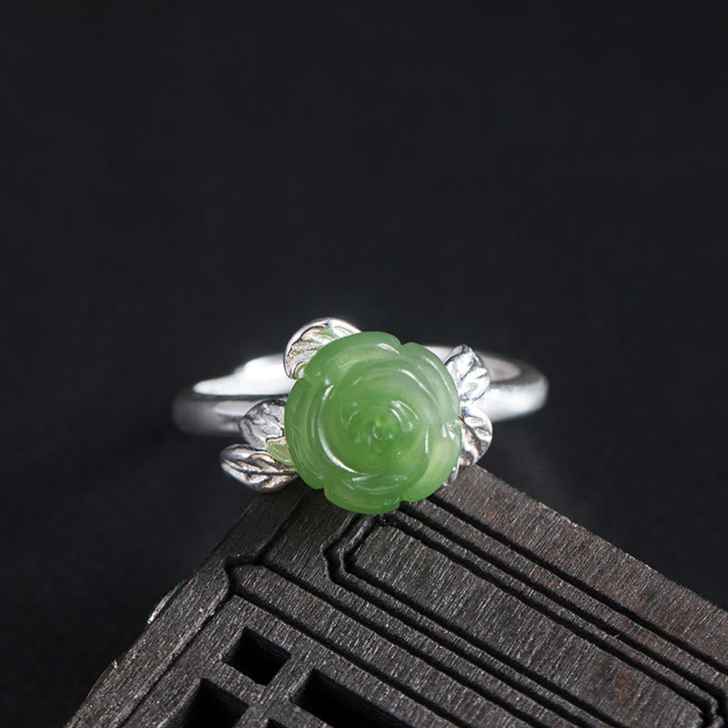 Fortune Jewel 925 Sterling Silver Jade Green Rose Luck Adjustable Ring