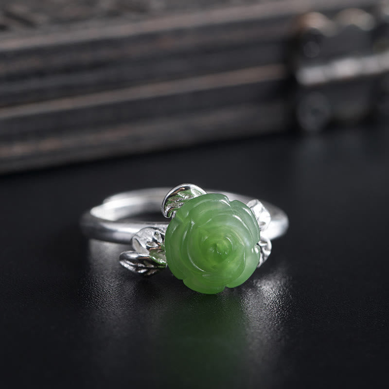 Fortune Jewel 925 Sterling Silver Jade Green Rose Luck Adjustable Ring