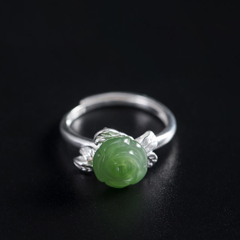 Fortune Jewel 925 Sterling Silver Jade Green Rose Luck Adjustable Ring