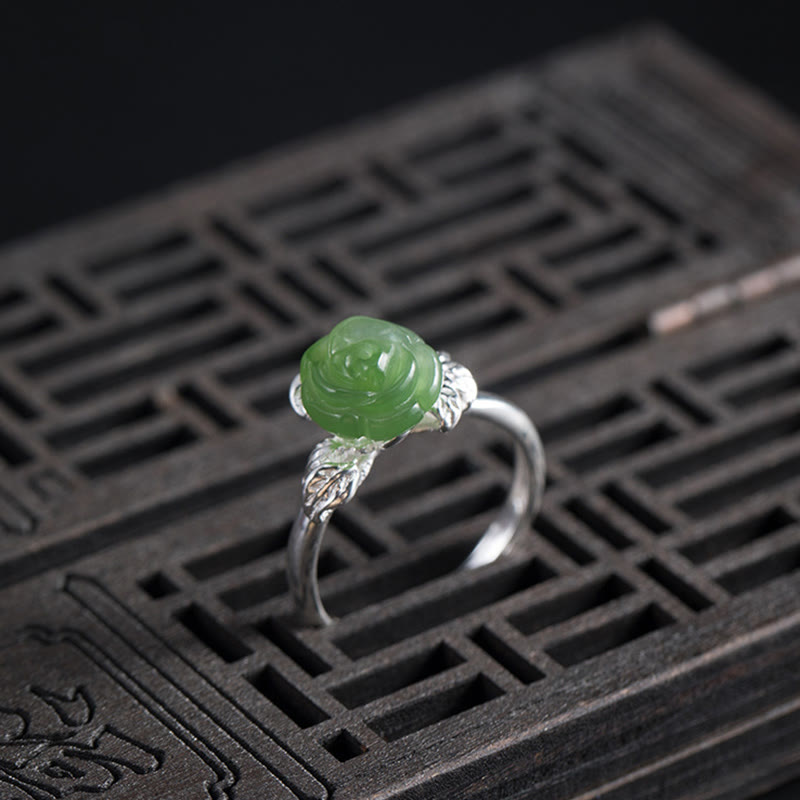 Fortune Jewel 925 Sterling Silver Jade Green Rose Luck Adjustable Ring