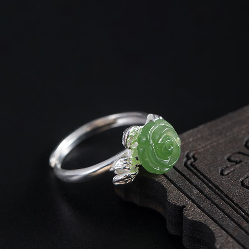 Fortune Jewel 925 Sterling Silver Jade Green Rose Luck Adjustable Ring