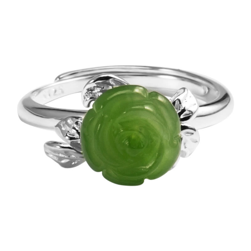 Fortune Jewel 925 Sterling Silver Jade Green Rose Luck Adjustable Ring