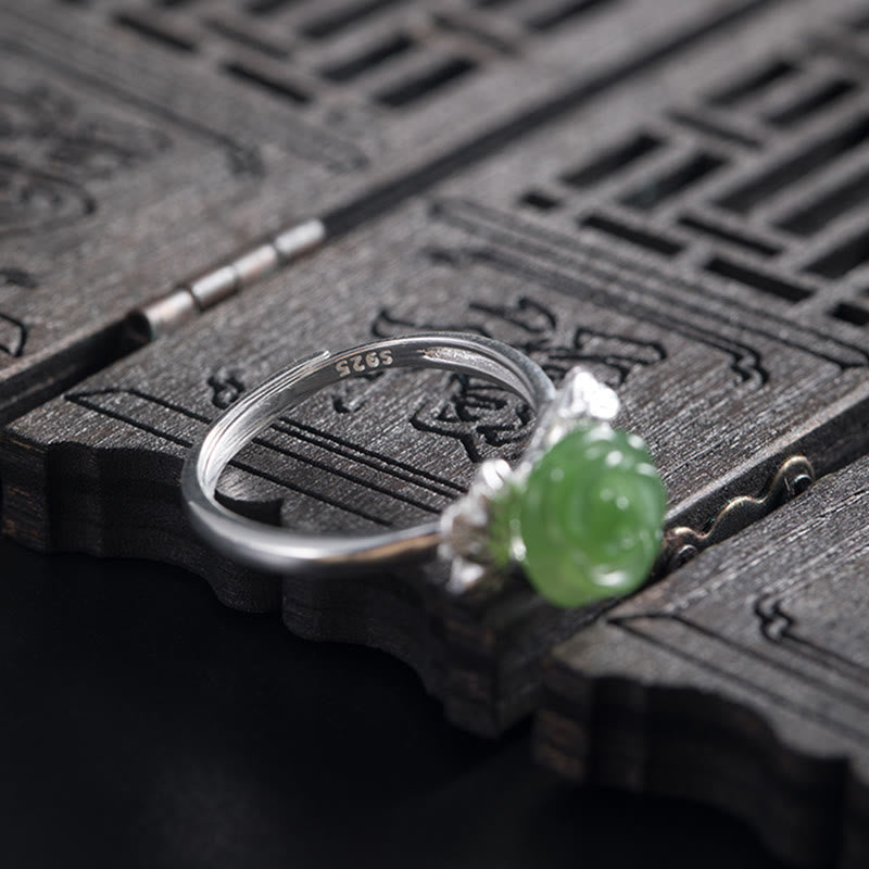 Fortune Jewel 925 Sterling Silver Jade Green Rose Luck Adjustable Ring