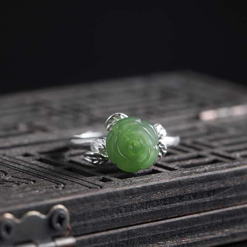 Fortune Jewel 925 Sterling Silver Jade Green Rose Luck Adjustable Ring