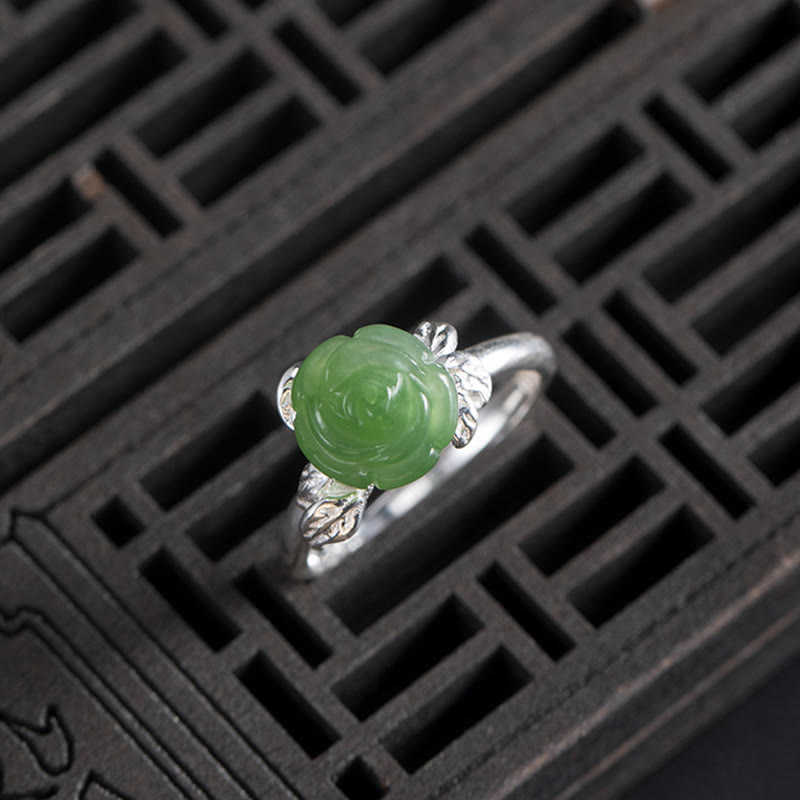 Fortune Jewel 925 Sterling Silver Jade Green Rose Luck Adjustable Ring