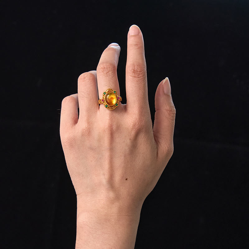 Fortune Jewel Flower Amber Hollow Lace Confidence Adjustable Ring