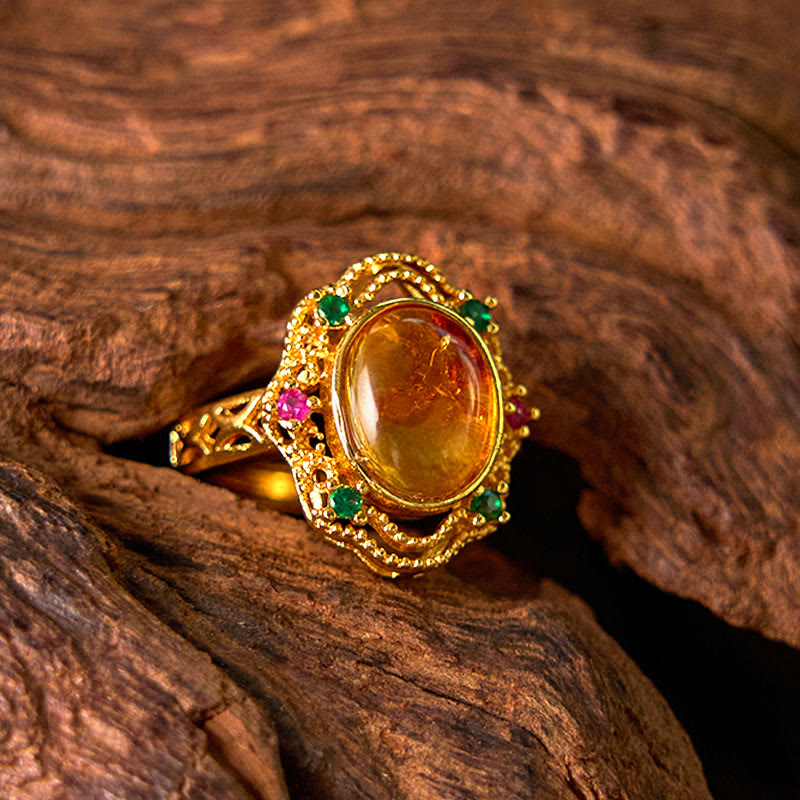 Fortune Jewel Flower Amber Hollow Lace Confidence Adjustable Ring