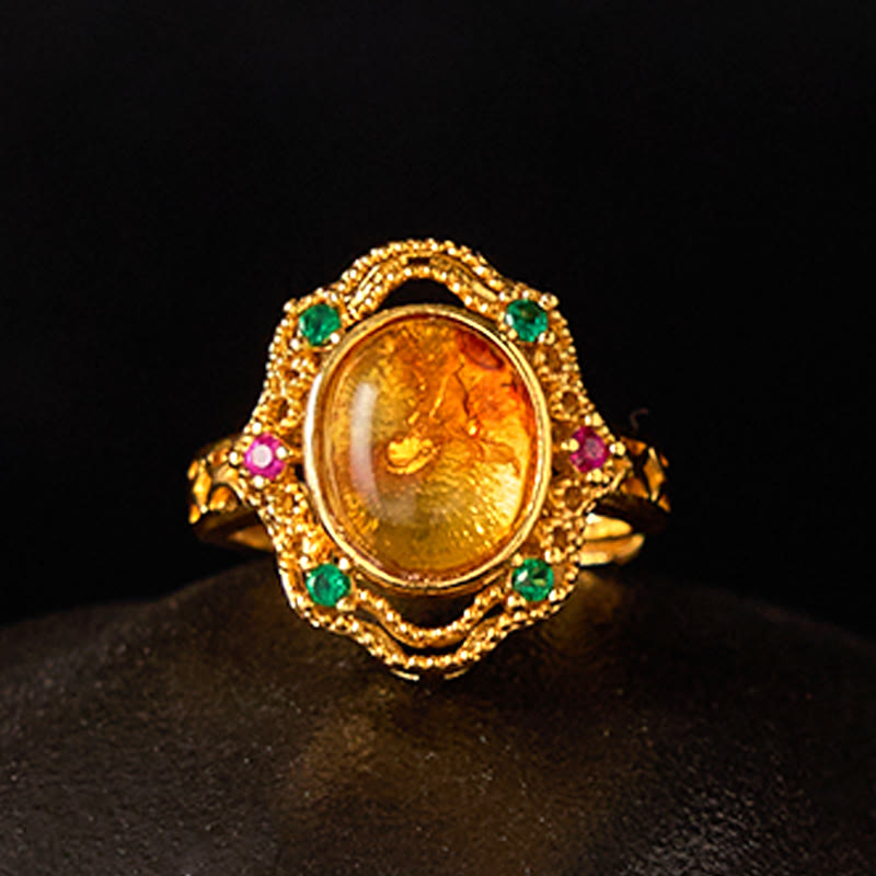 Fortune Jewel Flower Amber Hollow Lace Confidence Adjustable Ring