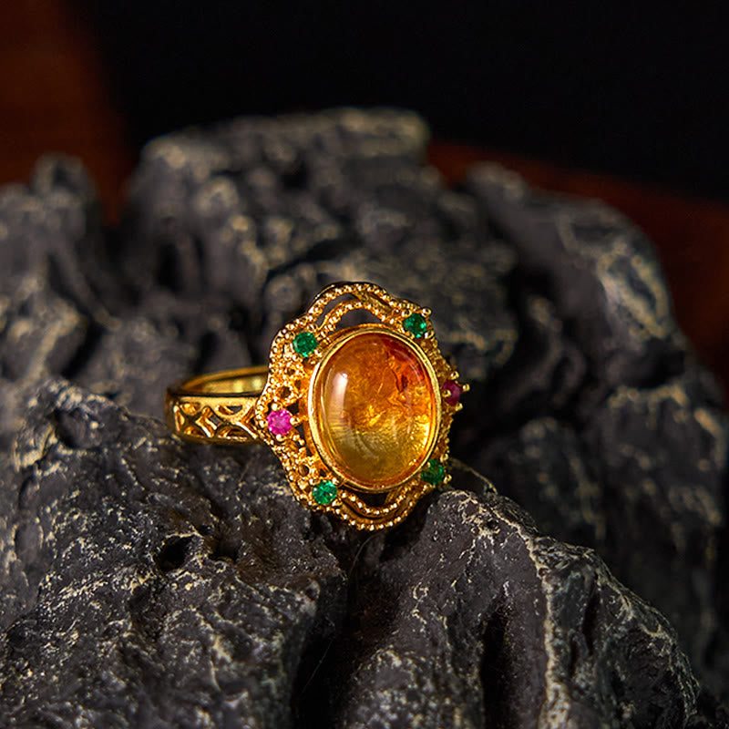 Fortune Jewel Flower Amber Hollow Lace Confidence Adjustable Ring