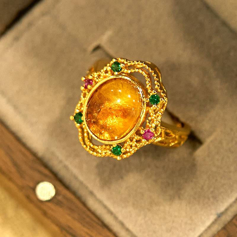 Fortune Jewel Flower Amber Hollow Lace Confidence Adjustable Ring