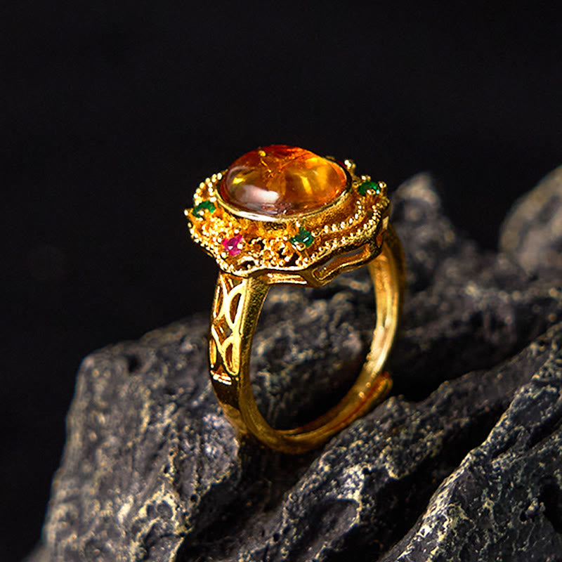 Fortune Jewel Flower Amber Hollow Lace Confidence Adjustable Ring