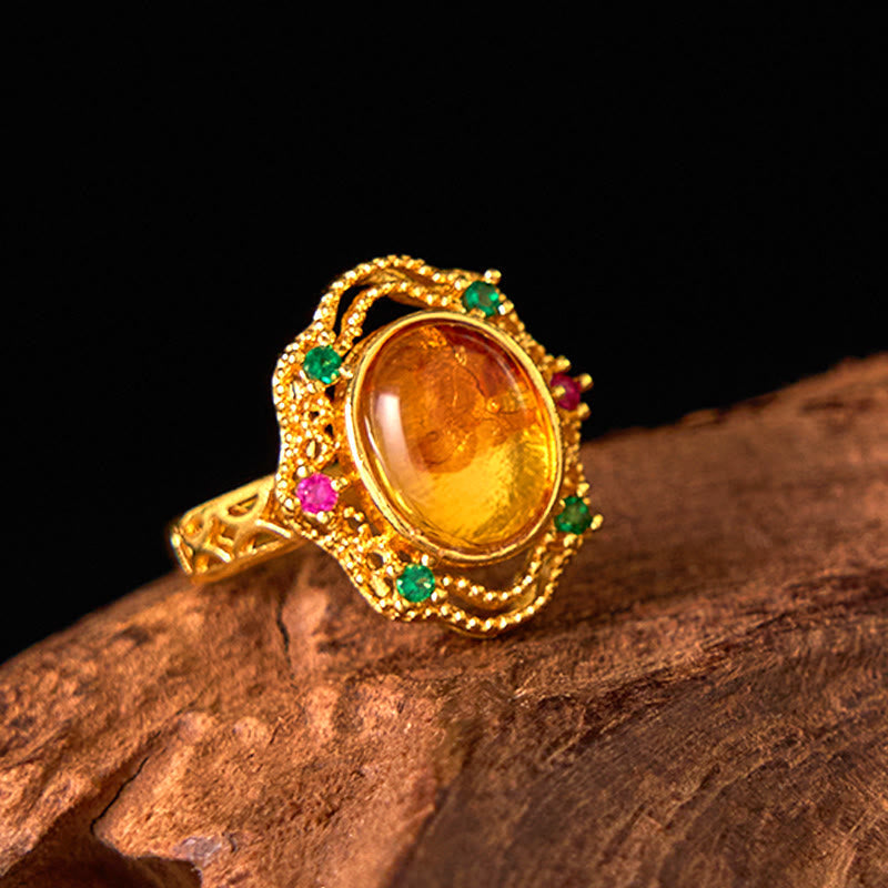 Fortune Jewel Flower Amber Hollow Lace Confidence Adjustable Ring