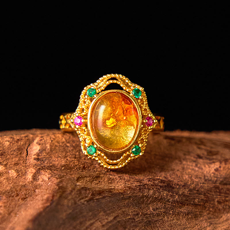 Fortune Jewel Flower Amber Hollow Lace Confidence Adjustable Ring