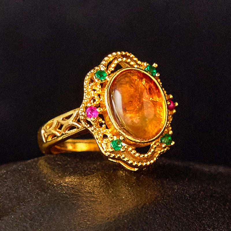 Fortune Jewel Flower Amber Hollow Lace Confidence Adjustable Ring