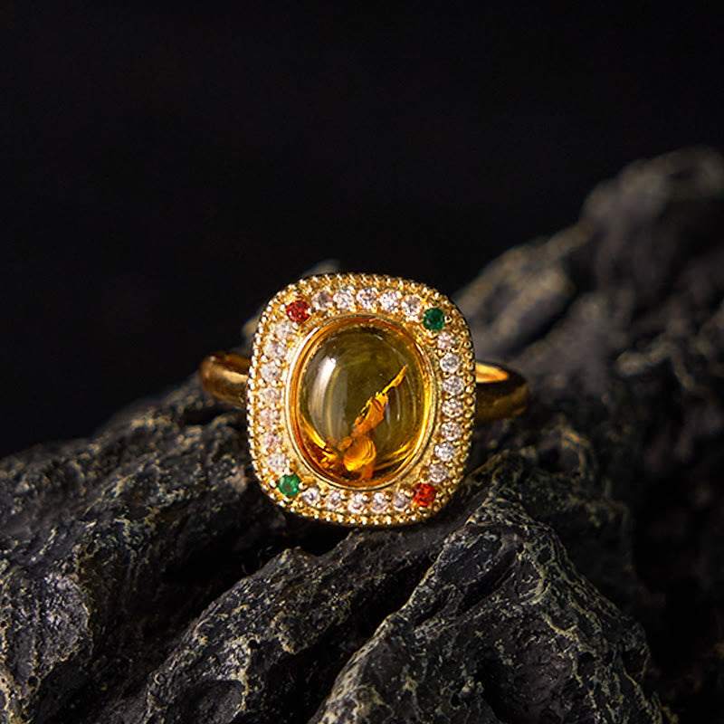 Fortune Jewel Natural Amber Flower Square Support Full Diamond Confidence Ring