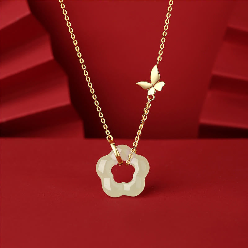 Fortune Jewel 925 Sterling Silver Butterfly Hetian Jade Flower Blessing Necklace Pendant