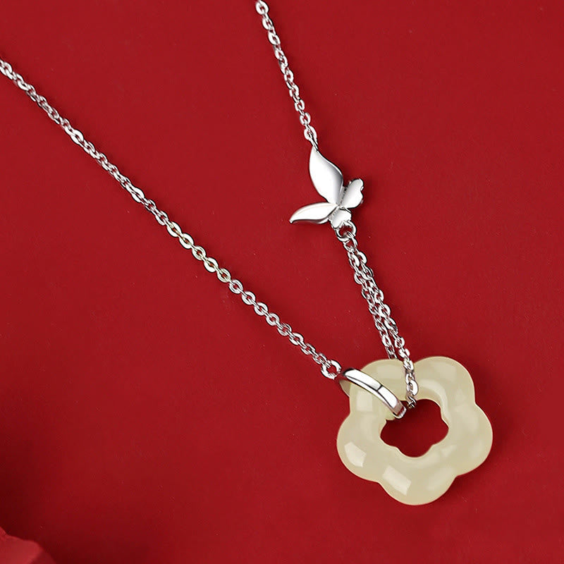 Fortune Jewel 925 Sterling Silver Butterfly Hetian Jade Flower Blessing Necklace Pendant