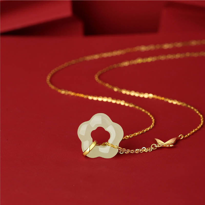 Fortune Jewel 925 Sterling Silver Butterfly Hetian Jade Flower Blessing Necklace Pendant