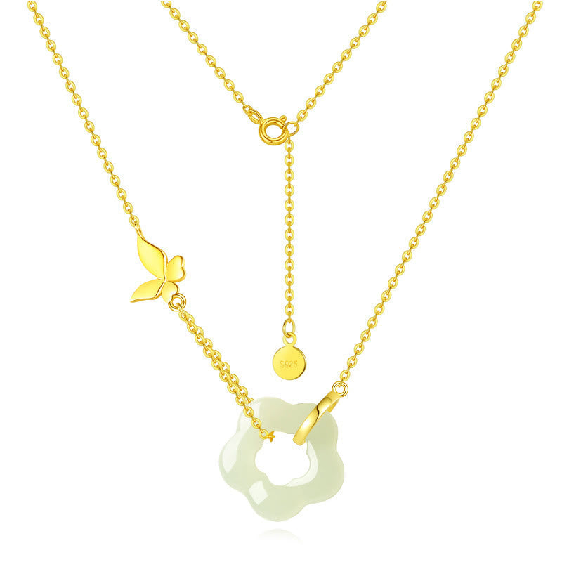 Fortune Jewel 925 Sterling Silver Butterfly Hetian Jade Flower Blessing Necklace Pendant