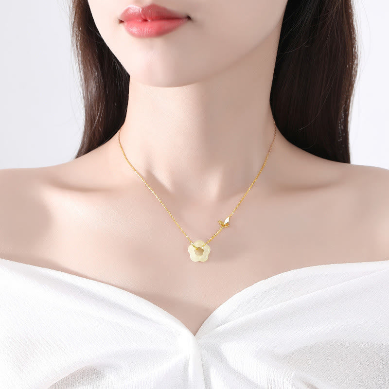 Fortune Jewel 925 Sterling Silver Butterfly Hetian Jade Flower Blessing Necklace Pendant