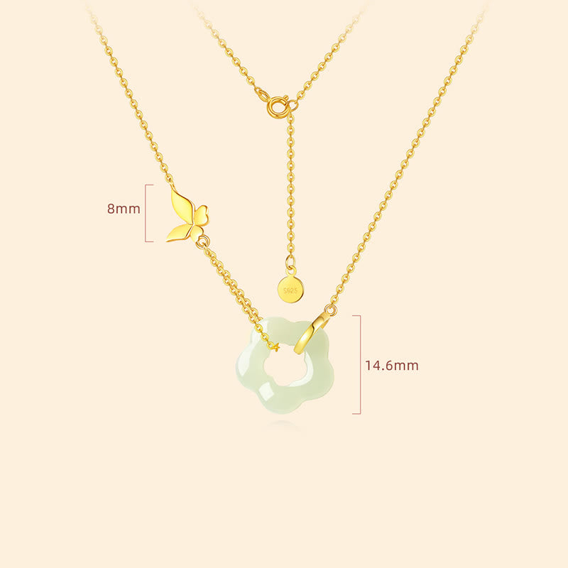 Fortune Jewel 925 Sterling Silver Butterfly Hetian Jade Flower Blessing Necklace Pendant