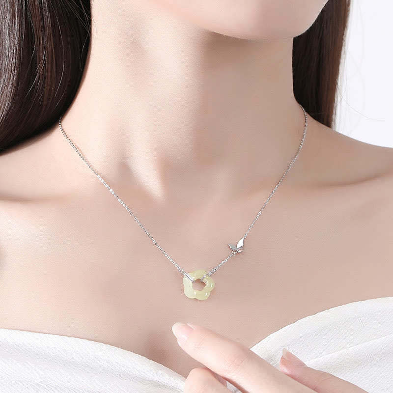 Fortune Jewel 925 Sterling Silver Butterfly Hetian Jade Flower Blessing Necklace Pendant