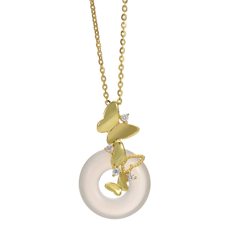 Fortune Jewel 925 Sterling Silver Butterfly Chalcedony Peace Buckle Blessing Luck Necklace Pendant