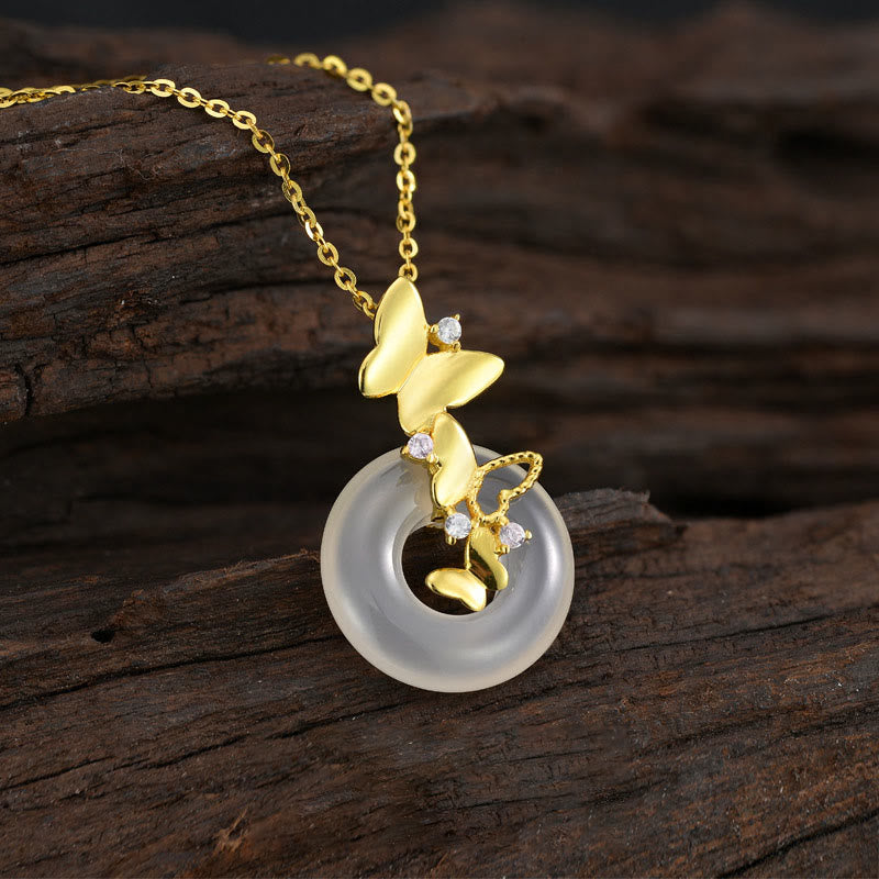 Fortune Jewel 925 Sterling Silver Butterfly Chalcedony Peace Buckle Blessing Luck Necklace Pendant