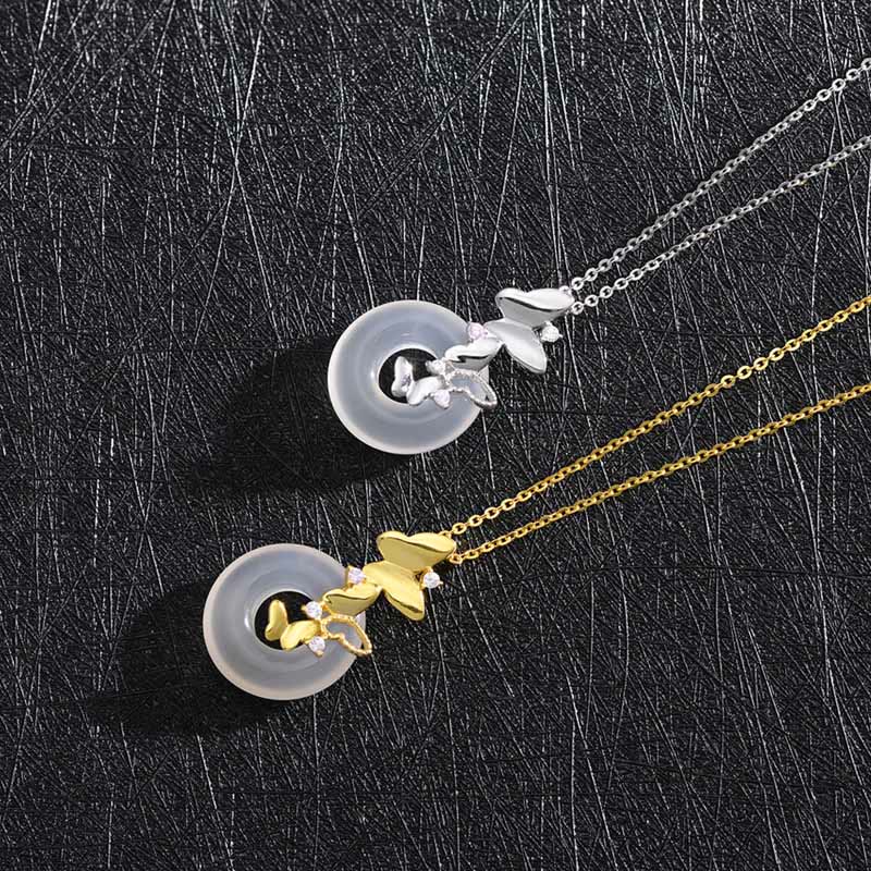 Fortune Jewel 925 Sterling Silver Butterfly Chalcedony Peace Buckle Blessing Luck Necklace Pendant