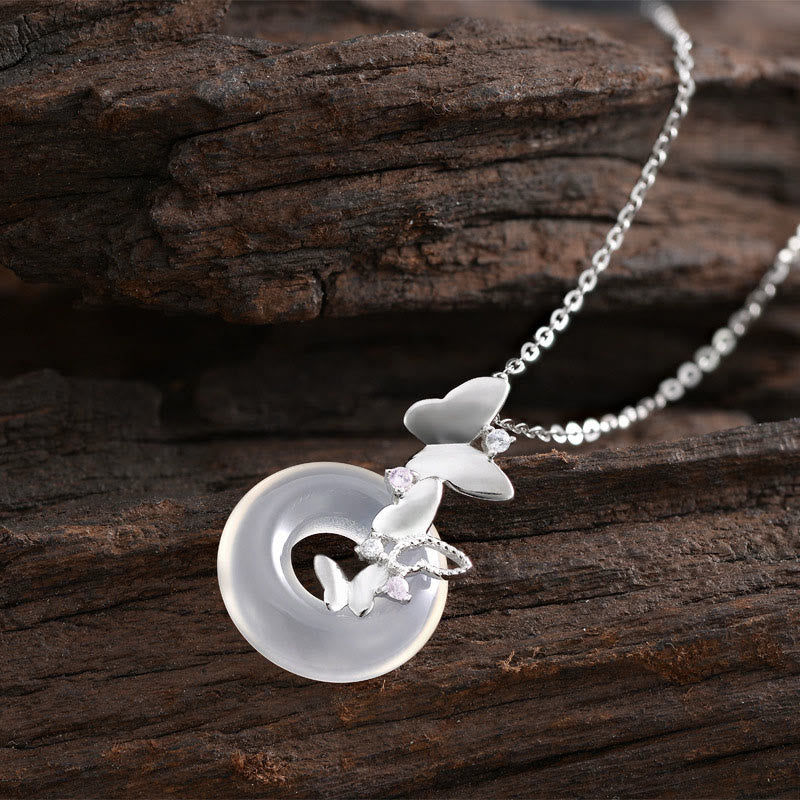 Fortune Jewel 925 Sterling Silver Butterfly Chalcedony Peace Buckle Blessing Luck Necklace Pendant