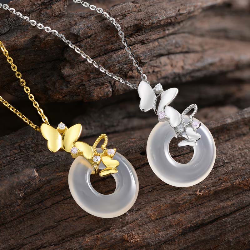 Fortune Jewel 925 Sterling Silver Butterfly Chalcedony Peace Buckle Blessing Luck Necklace Pendant