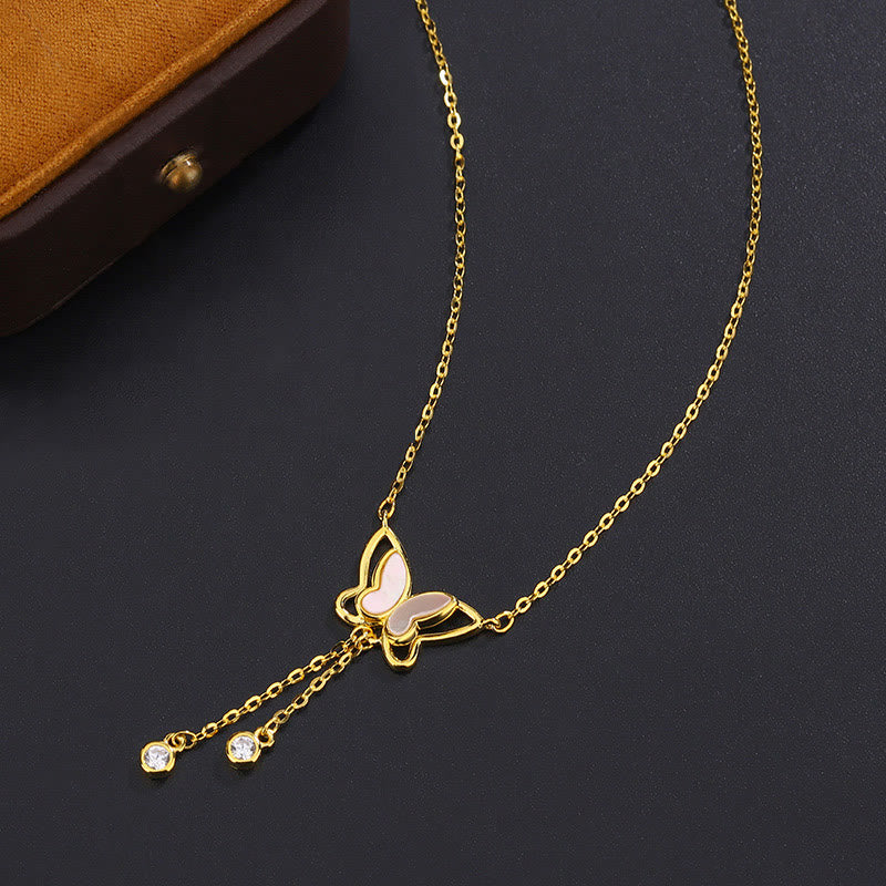 Fortune Jewel 999 Sterling Silver Tridacna Stone Butterfly Calm Necklace Pendant