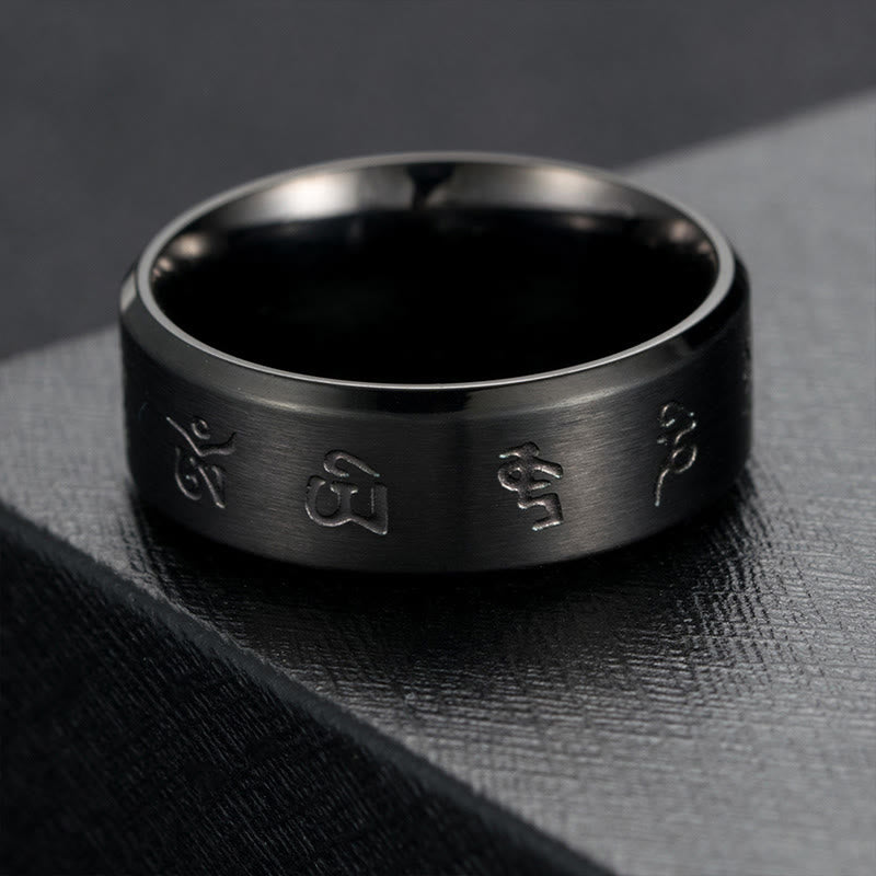 Fortune Jewel Black Jambhala Mantra Titanium Steel Balance Ring
