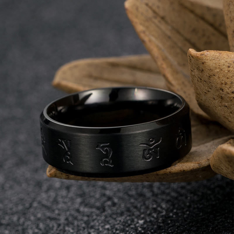 Fortune Jewel Black Jambhala Mantra Titanium Steel Balance Ring