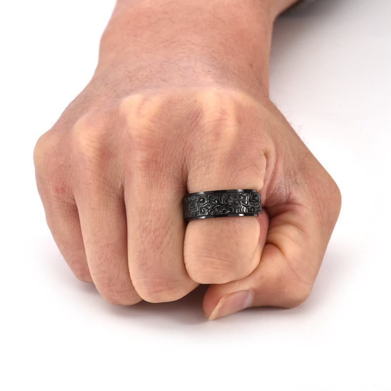 Fortune Jewel Auspicious Clouds Pattern Carved Titanium Steel Balance Rotatable Ring