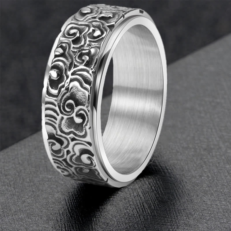 Fortune Jewel Auspicious Clouds Pattern Carved Titanium Steel Balance Rotatable Ring