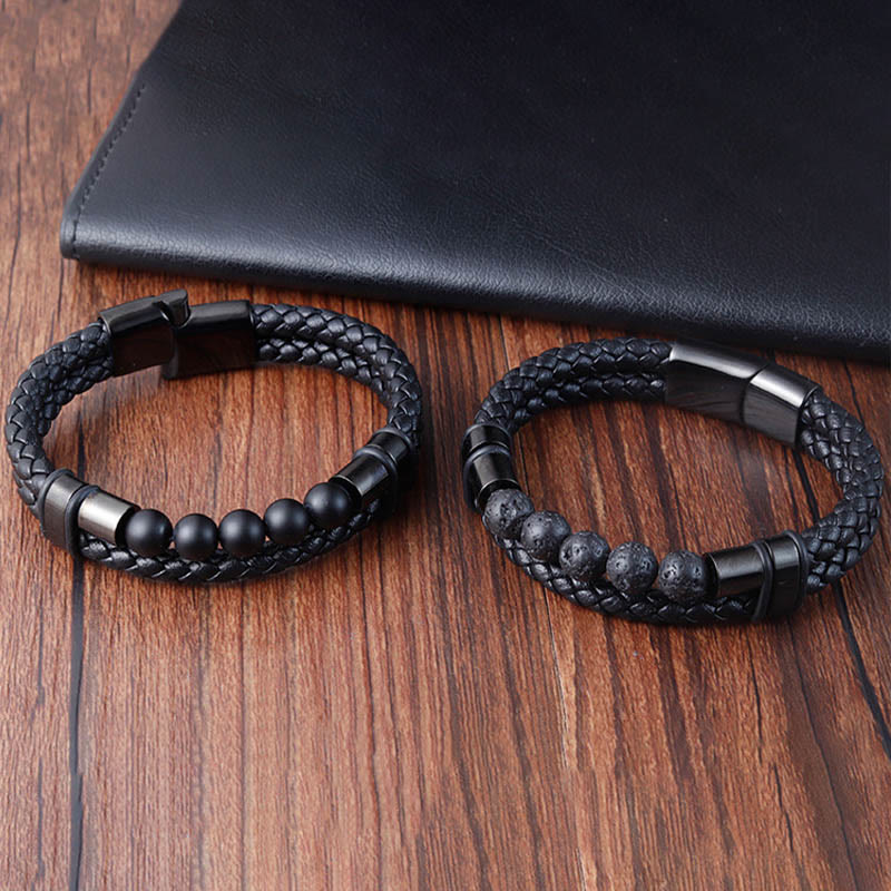 Fortune Jewel Lava Rock Frosted Stone Healing Leather Magnetic Buckle Bracelet