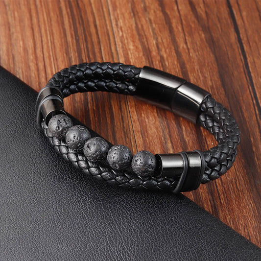 Fortune Jewel Lava Rock Frosted Stone Healing Leather Magnetic Buckle Bracelet