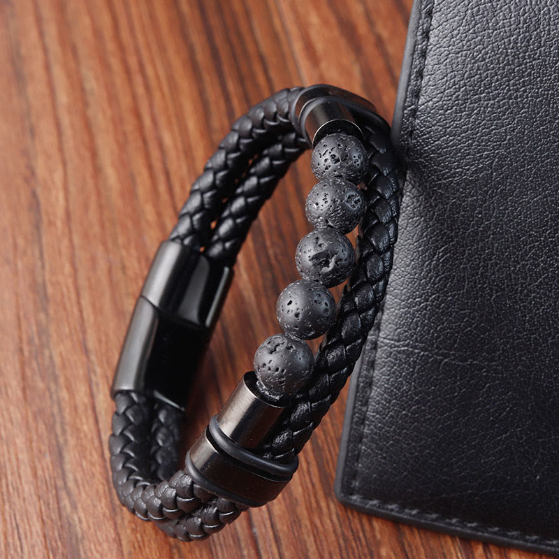 Fortune Jewel Lava Rock Frosted Stone Healing Leather Magnetic Buckle Bracelet