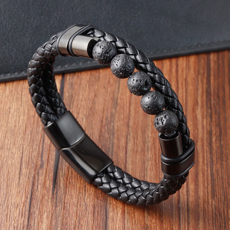 Fortune Jewel Lava Rock Frosted Stone Healing Leather Magnetic Buckle Bracelet