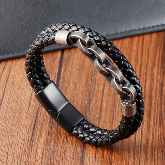 Fortune Jewel Chain Design Titanium Steel Balance Leather Braided Buckle Bracelet
