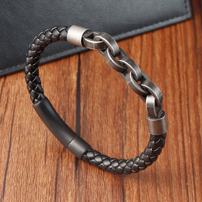 Fortune Jewel Chain Design Titanium Steel Balance Leather Braided Buckle Bracelet